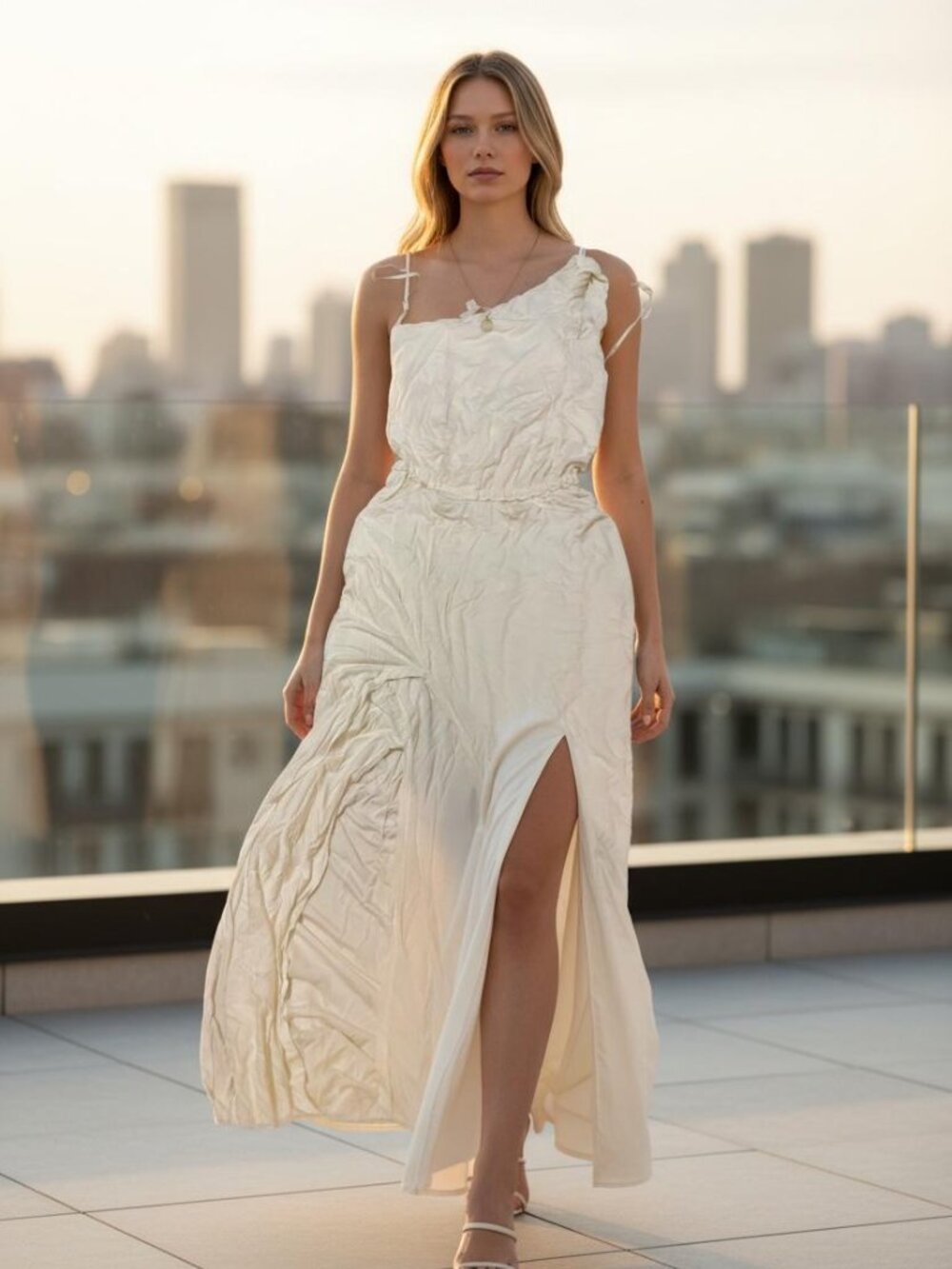 Ella Moss One-Shoulder Maxi Dress Off-White Ruched High Slit Size XS NEW (H)
